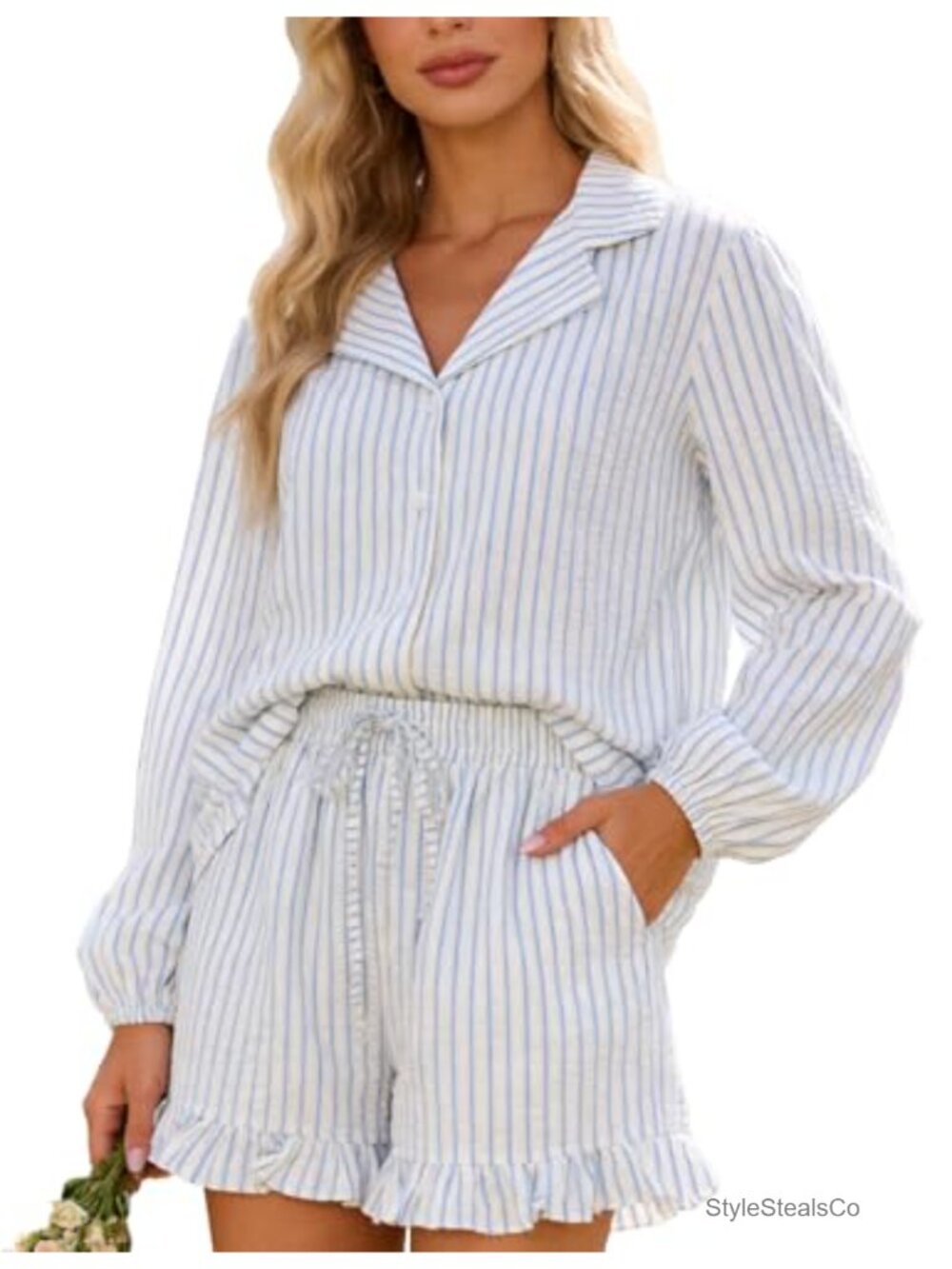 2 Piece Ruffle Pajama Set Cotton BLend Puff Sleeve